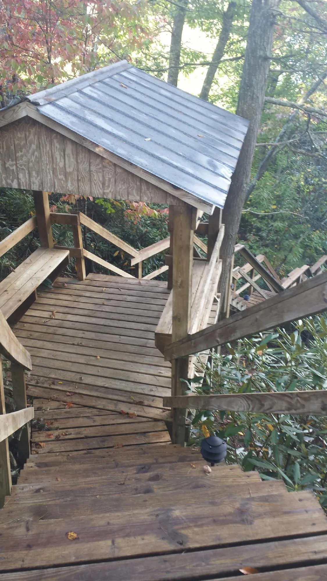 Metal roofed shelter over wooden steps on a wooded walkway — Skylight Repair & Installation work by our crew in Sigurd